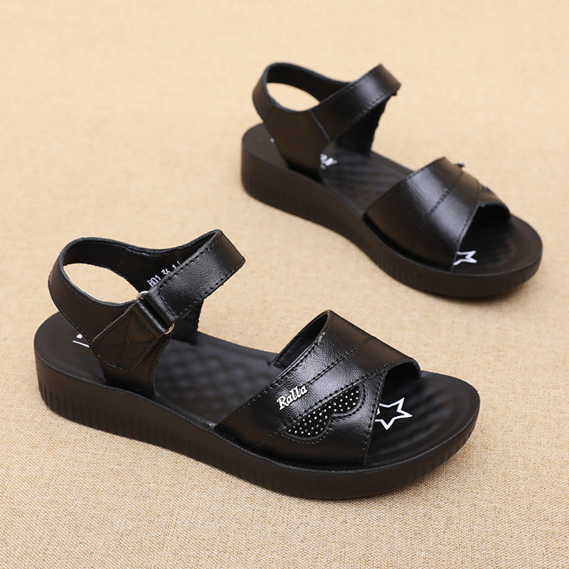 Formal Women Daily Wear Sandals - รองเท้าส้นหนาแบบเปิดนิ้วเท้าสายรัดหนังสีดำสำหรับผู้หญิง พร้อมหัวเข็มขัดปรับได้ ใส่สบาย เหมาะสำหรับงานทางการและสวมใส่ในชีวิตประจำวัน