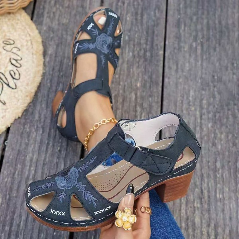 Formal Women Daily Wear Sandals - รองเท้าแตะสตรี ส้นกลาง ปักลายดอกไม้ แบบเปิดนิ้วเท้า สายรัดปรับได้ พื้นรองเท้ามั่นคง