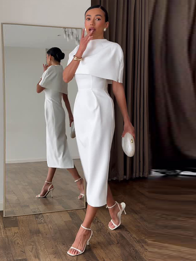 Women Formal Wear For Summer - ชุดเดรสผ้าคลุมไหล่สีพื้นสไตล์หรูหราสำหรับฤดูร้อน-ฤดูใบไม้ร่วง 2026 ชุดสูทผู้หญิงแขนสั้น ทรงเข้ารูป กระชับเอว ชุดแฟชั่นผู้หญิงใหม่