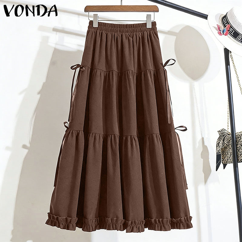Pencil Skirt Midi - กระโปรงแม็กซี่พลีททรงเอวสูง แต่งโบว์ระบาย ไซส์ใหญ่พิเศษ 5XL ยี่ห้อ VONDA