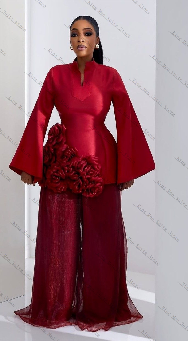 Women'S Formal Wear Wedding Guest - ชุดสูทผู้หญิงสีเบอร์กันดี 2 ชิ้น เสื้อเบลเซอร์+กางเกงขายาวทรงหลวม ลายดอกไม้ 3