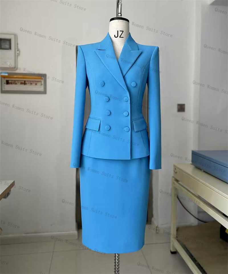 Women'S Formal Wear Wedding Guest - ชุดสูทกระโปรงสีฟ้าสำหรับผู้หญิง 2 ชิ้น เสื้อเบลเซอร์ ชุดราตรี ชุดไปงานเลี้ยง
