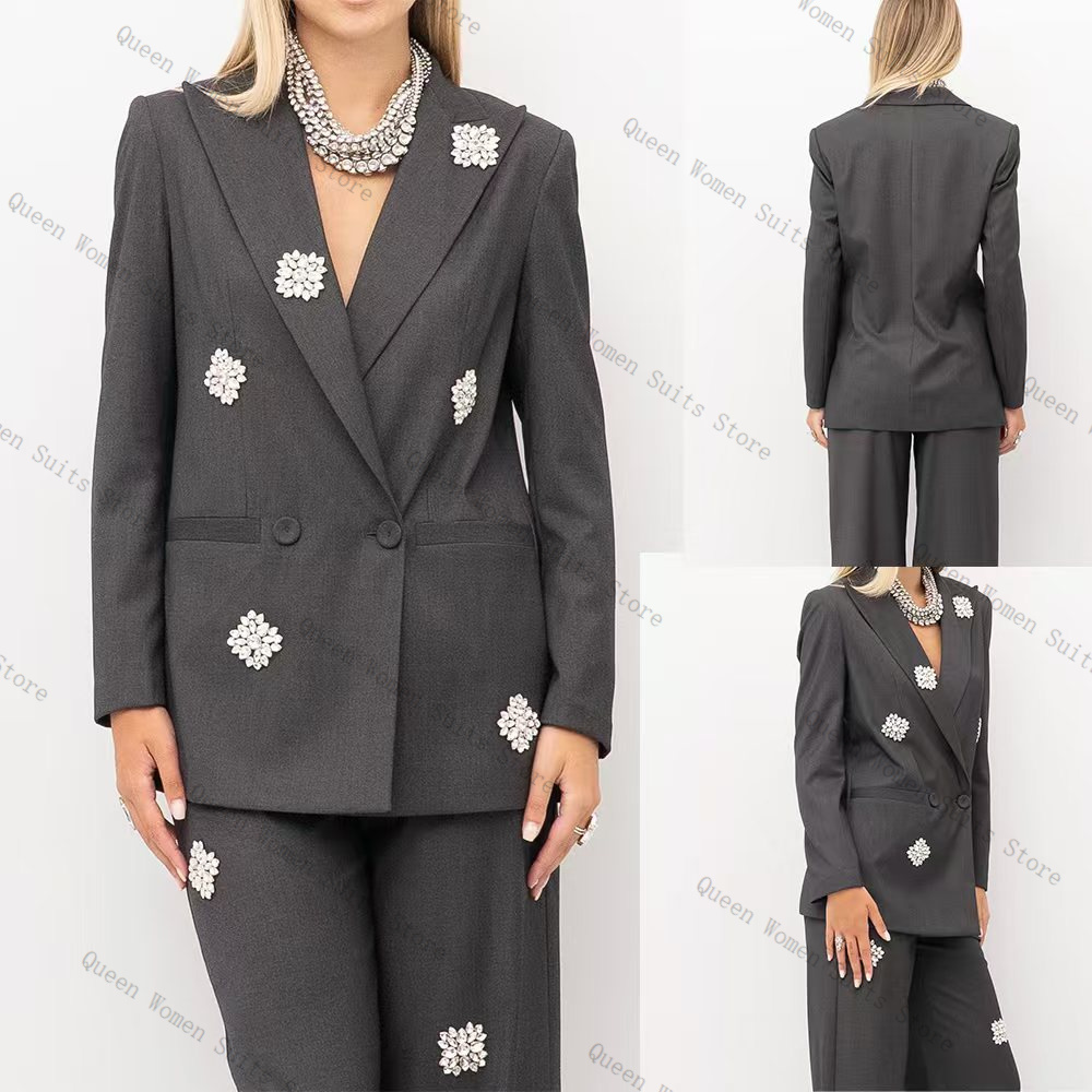 Women'S Formal Wear Wedding Guest - ชุดสูทผู้หญิงสีเทา 2 ชิ้น ประดับคริสตัล เสื้อเบลเซอร์+กางเกงขายาว ชุดทำงานสุภาพสตรี