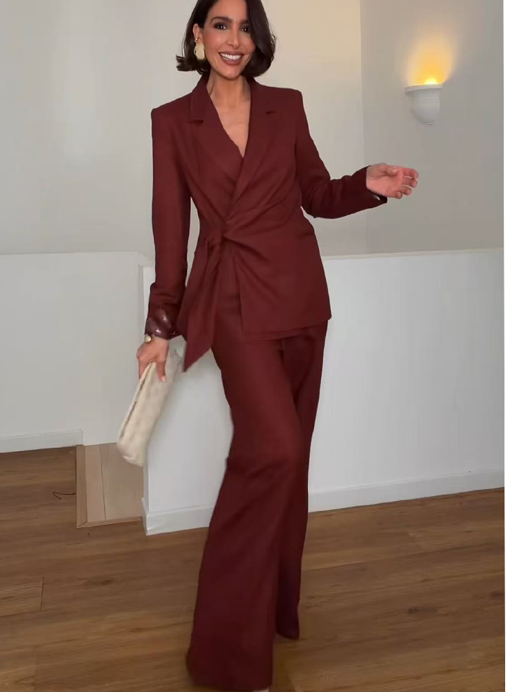 Women Formal Wear Pants - ชุดสูทแฟชั่นสำหรับสุภาพสตรี เสื้อเบลเซอร์ทรงเข้ารูป แต่งเชือกผูก พร้อมกางเกงขายาวทรงตรง สไตล์หรูหรา เหมาะสำหรับใส่ทำงาน