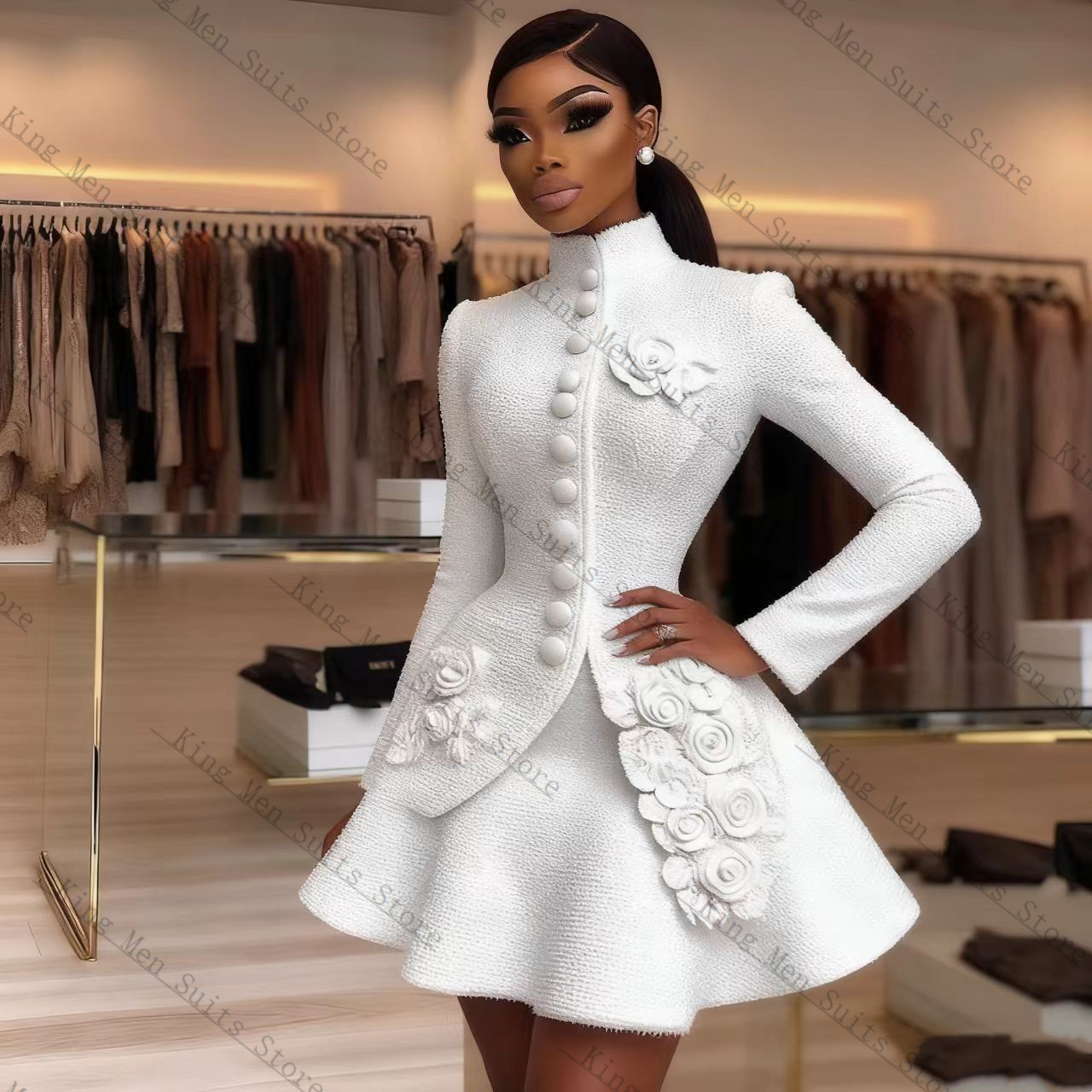 Women'S Formal Wear Wedding Guest - ชุดสูทผู้หญิงสีขาวหรูหรา 2 ชิ้น เสื้อเบลเซอร์+เดรสสั้นทรงมินิ ประดับดอกไม้ 3
