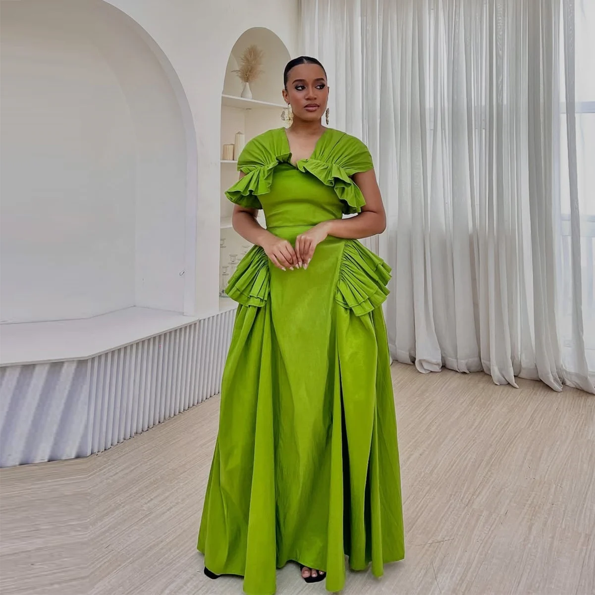 Women'S Green Formal Wear - ชุดราตรีผ้าซาตินสีเขียวสวย ปี 2026 ไซส์พลัส พร้อมระบายแขนสั้นแบบ Aso
