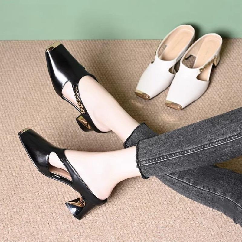 Women Formal Wear For Summer - รองเท้าส้นสูงผู้หญิง รองเท้าแตะส้นหนา รองเท้าส้นสูงหัวเหลี่ยม รองเท้าแตะสำหรับงานปาร์ตี้ฤดูร้อน รองเท้าส้นสูงแบบสวม ดีไซน์หรูหรา