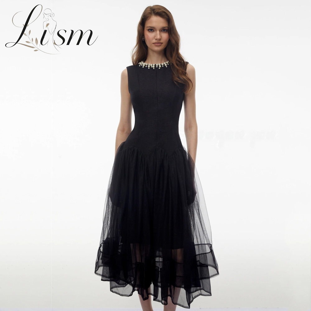 Women Formal Wear Black - ชุดราตรีสีดำสุดหรูของ Lism พร้อมปกประดับมุก แขนกุด เหมาะสำหรับงานเลี้ยงหรือโอกาสพิเศษ ชุดสำหรับผู้หญิงใส่ไปดินเนอร์หรือออกเดท