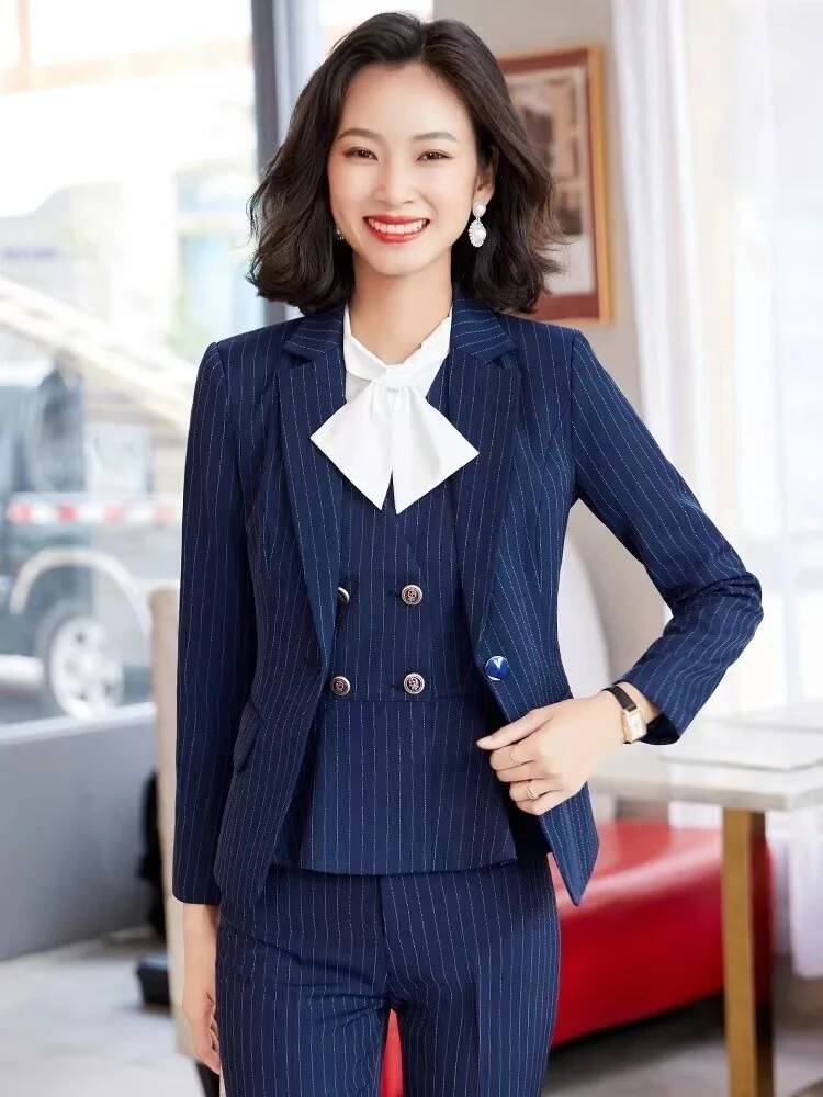 Women Formal Wear Interview - ชุดสูททำงานลายทางสำหรับผู้หญิง สไตล์ทางการ เหมาะสำหรับใส่ทำงานในออฟฟิศ ชุดเบลเซอร์สำหรับฤดูใบไม้ร่วงและฤดูหนาว ชุดสัมภาษณ์งาน