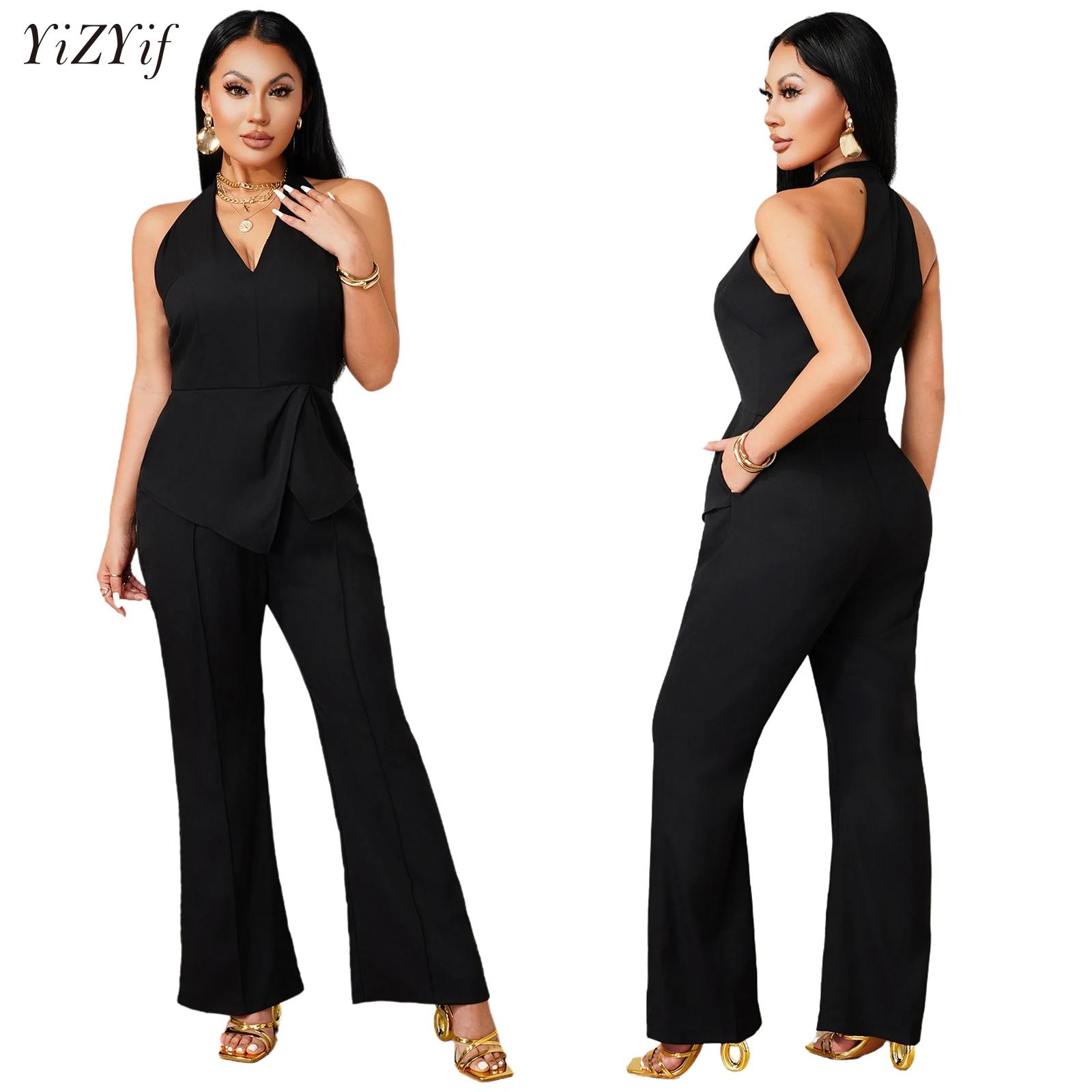Women Formal Wear Pants - จั๊มสูทคอวีแขนกุดพร้อมดีไซน์ผ้าคลุมแบบไม่สมมาตร ขากว้างทรงคูลอตต์ ชุดบอดี้สูทแบบเลเยอร์ ชุดราตรีหรูหราสำหรับผู้หญิง