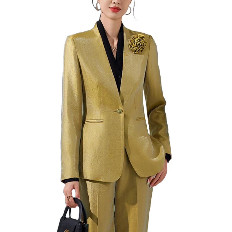 Women Formal Wear Pants - ผู้หญิงBlazerกางเกงชุดทองAppliques 2 ชิ้น 2024 ฤดูใบไม้ร่วงทํางานกางเกงอย่างเป็นทางการสีทึบเสื้อแขนยาวPantsuit