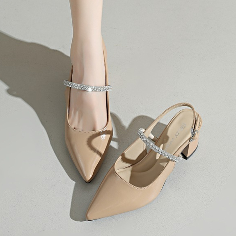 Formal Women Daily Wear Sandals - รองเท้าส้นสูงแบบสวมเปิดส้นประดับเพชรทรงเหลี่ยมสำหรับผู้หญิง เหมาะสำหรับงานแต่งงาน งานเลี้ยง และใส่ในชีวิตประจำวัน