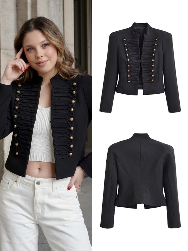 Women Formal Wear Black - เสื้อแจ็คเก็ตนโปเลียนสไตล์วินเทจสำหรับผู้หญิง คอตั้ง กระดุมสองแถว ทรงเข้ารูป สีดำ แบบสั้น