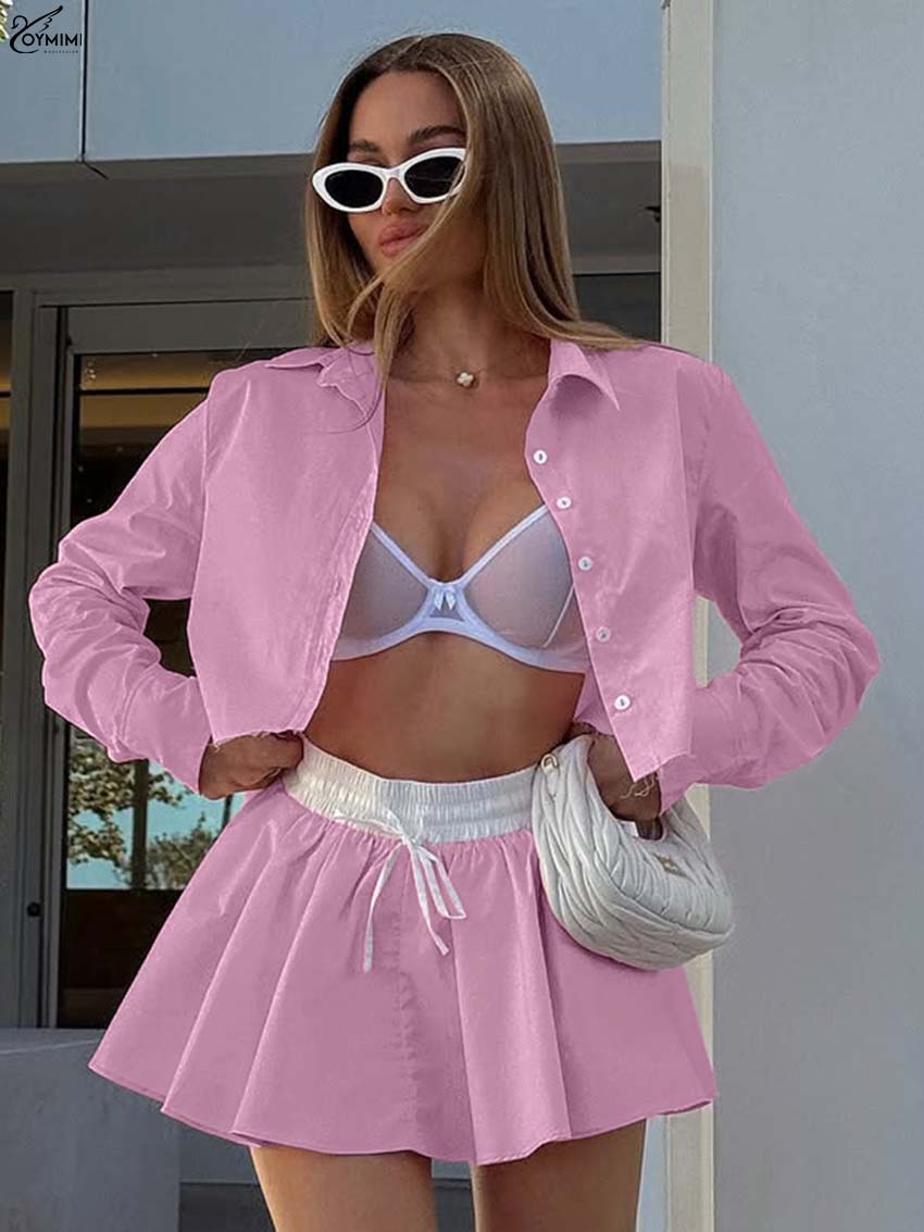 Pencil Skirt Midi - Oymimi แฟชั่นผ้าฝ้ายสีชมพู 2 ชิ้นชุดผู้หญิงแขนยาวเดี่ยว Breasted Crop