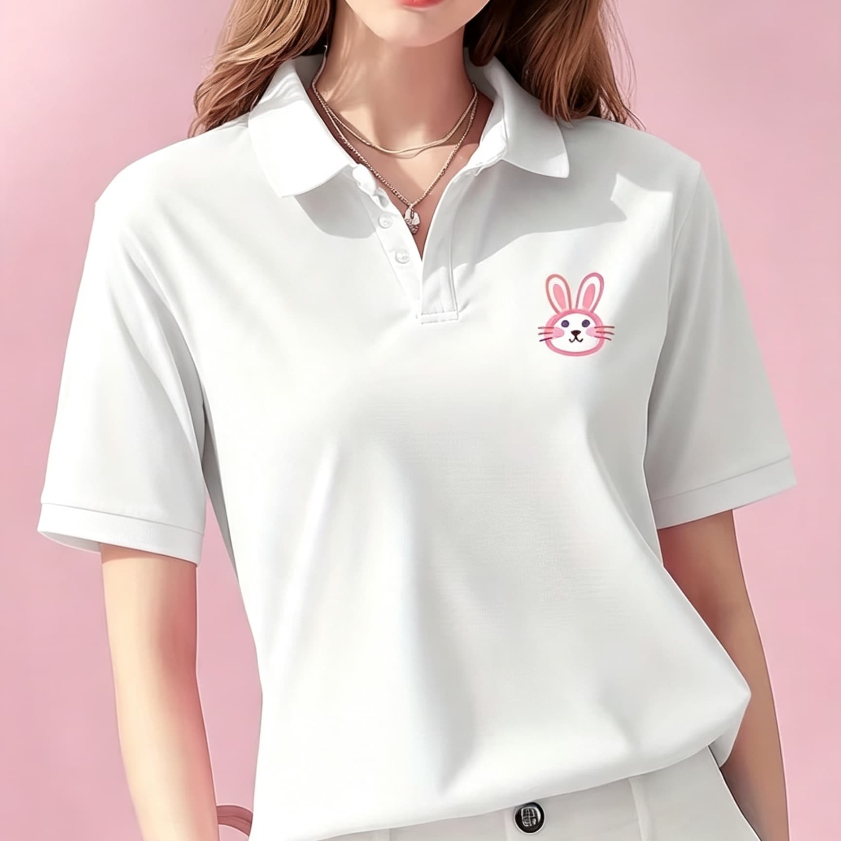 Women Formal Wear Black - เสื้อโปโลคอปกสีดำแบบยูนิเซ็กส์ ลายกราฟิกกระต่ายสีชมพูน่ารัก แขนสั้น เนื้อผ้านุ่ม ระบายอากาศได้ดี เหมาะสำหรับใส่ลำลองในชีวิตประจำวันสำหรับทั้งชายและหญิง