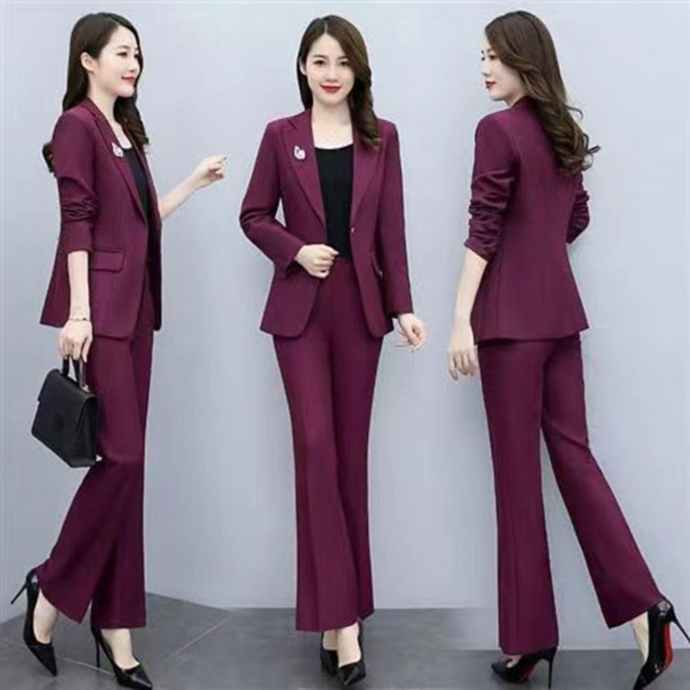Women Formal Wear Pants - ชุดสูทผู้หญิง 2 ชิ้น/เซ็ต เสื้อโค้ทปกพับ แขนยาว ทรงเข้ารูป
