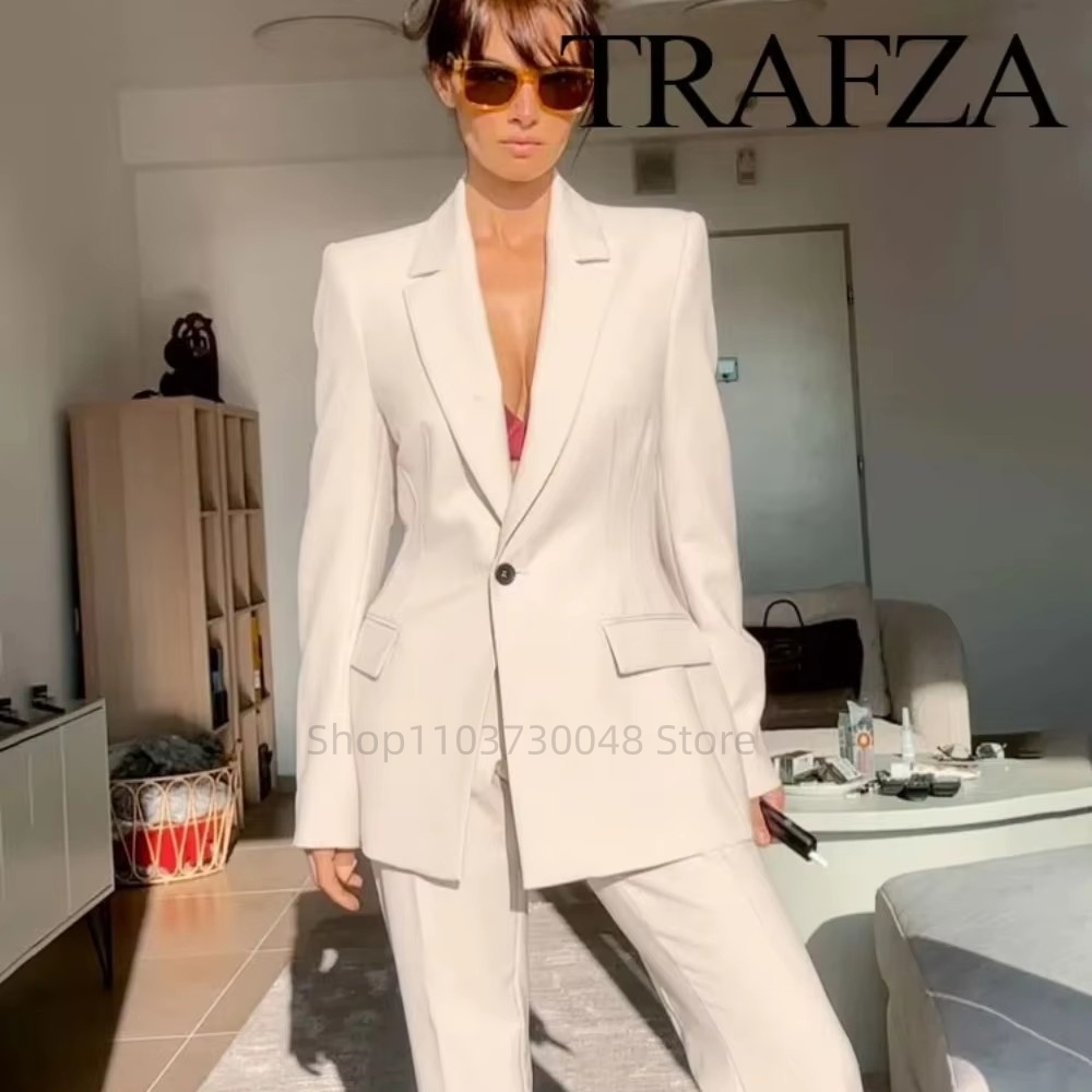 Women Formal Wear Pants - แฟชั่นชุดสูทสตรีสำหรับออฟฟิศ เสื้อเบลเซอร์และกางเกงขายาว สีขาว/แดง ชุดทำงานสำหรับผู้หญิง ชุดทำงาน 2