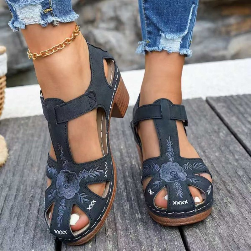 รองเท้าแตะสตรี ส้นกลาง ปักลายด - Formal Women Daily Wear Sandals บทวิจารณ์และราคา
