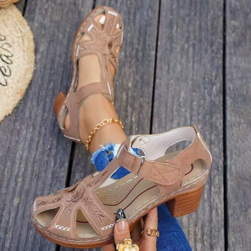 รองเท้าแตะสตรี ส้นกลาง ปักลายด - Formal Women Daily Wear Sandals บทวิจารณ์และราคา