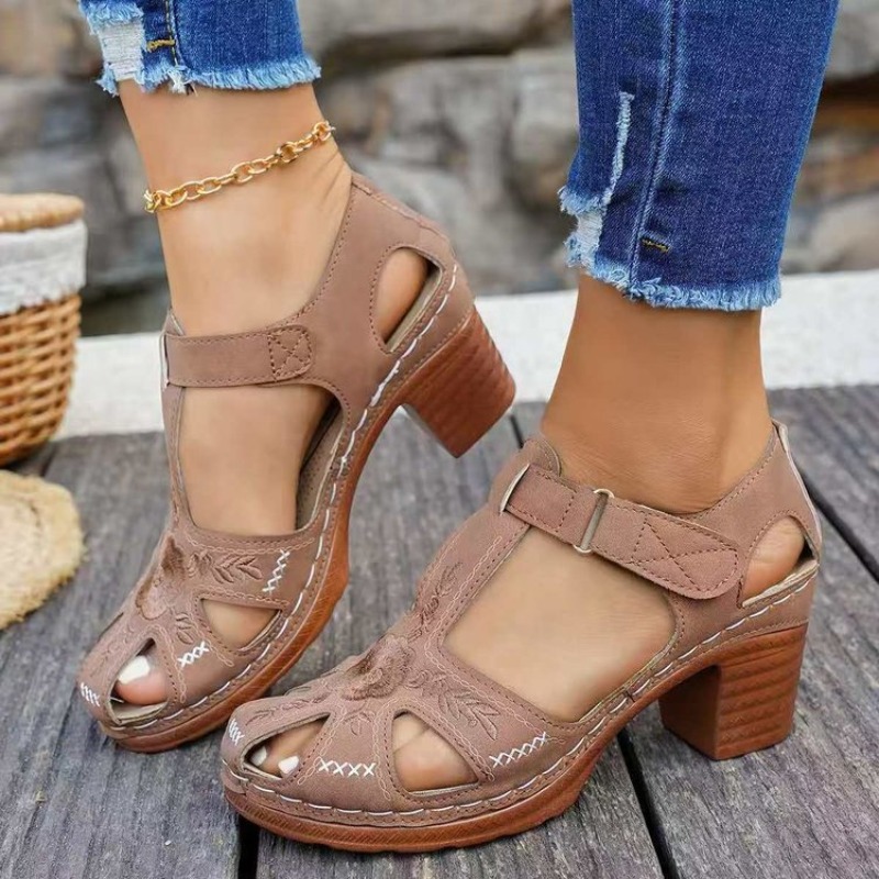 รองเท้าแตะสตรี ส้นกลาง ปักลายด - Formal Women Daily Wear Sandals บทวิจารณ์และราคา